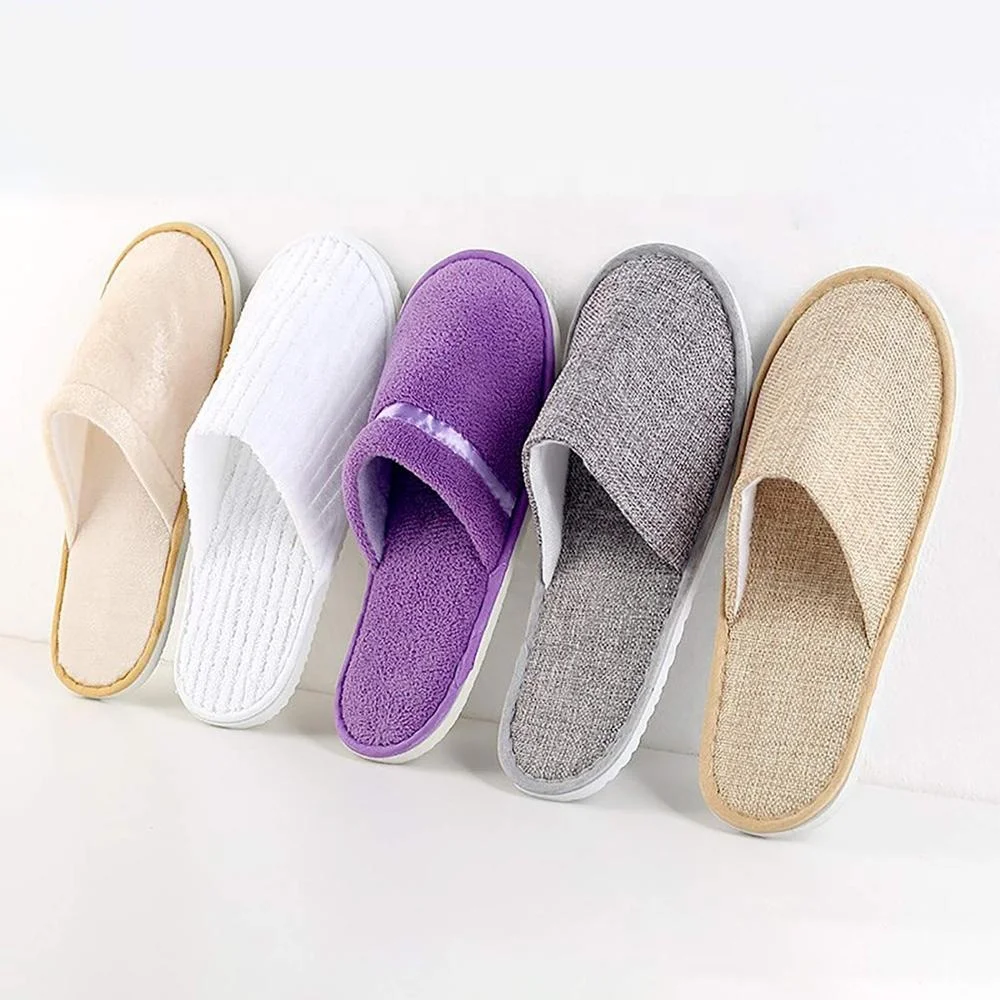 Одноразовые биоразлагаемые экологически чистые тапочки из хлопка и льна коричневого цвета с закрытым носком для спа-отелей