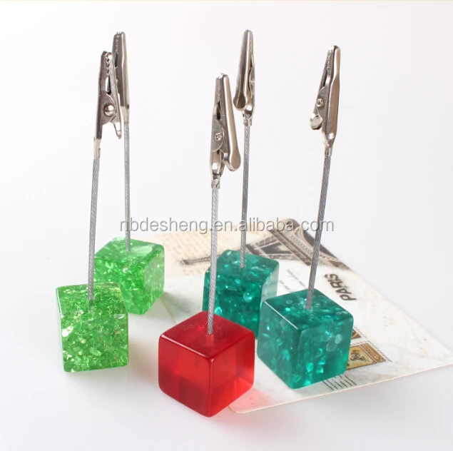 Custom LOGO desktop Cube Resin Base Stainless Steel Wire Card Note Holder Photo Holder Memo Clip