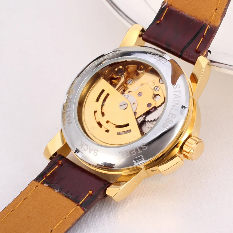 Winner Luxury Women Gift Brand Golden Skeleton Watches Relojes Mujer With Brown Leather
