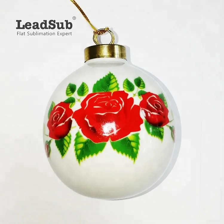 Customized White Roasted Flowers Ceramic Sublimation Tree Hanging Ornament With Printing Christmas Ball