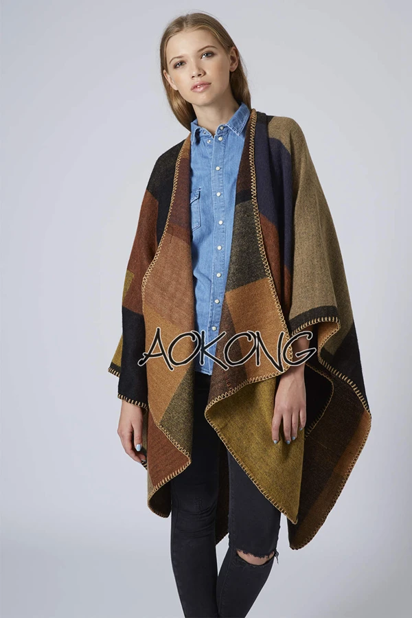 2015 brand colour block stitched blanket cape coat winter scarf plaid women poncho wraps check top cashmere acrylic shawls