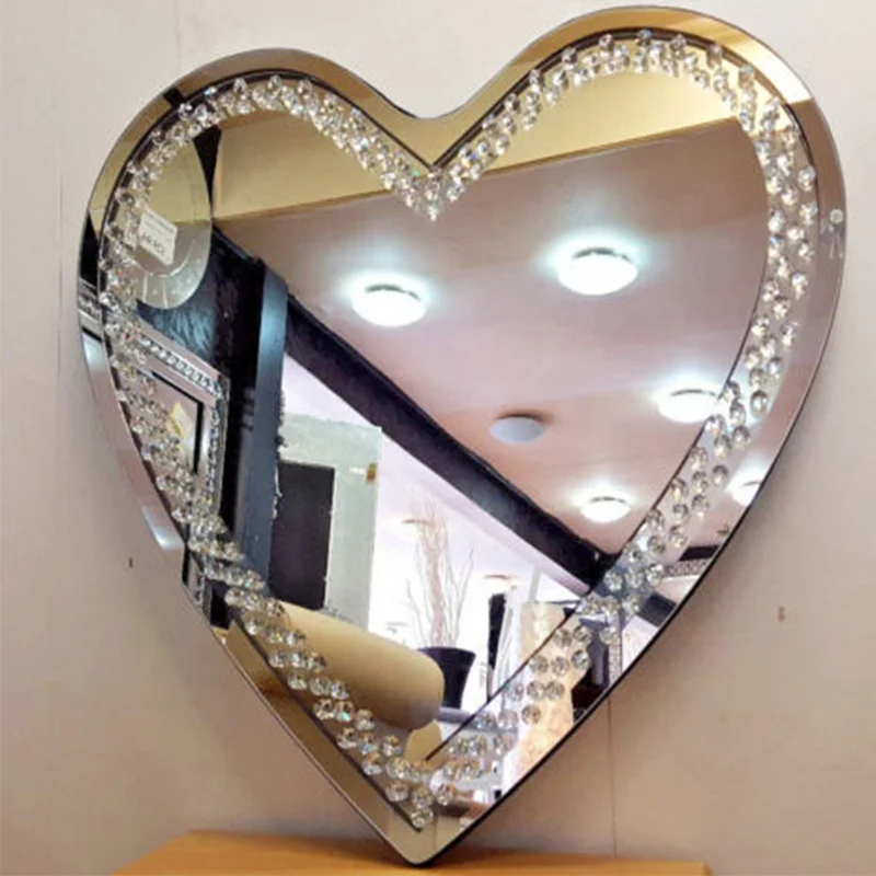 Modern art decor heart shape acrylic crystal glass bevelled wall mirror