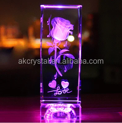 Wedding favors or Christmas Decoration Gifts 3D Laser rose  Engraved Crystal Block with led light base