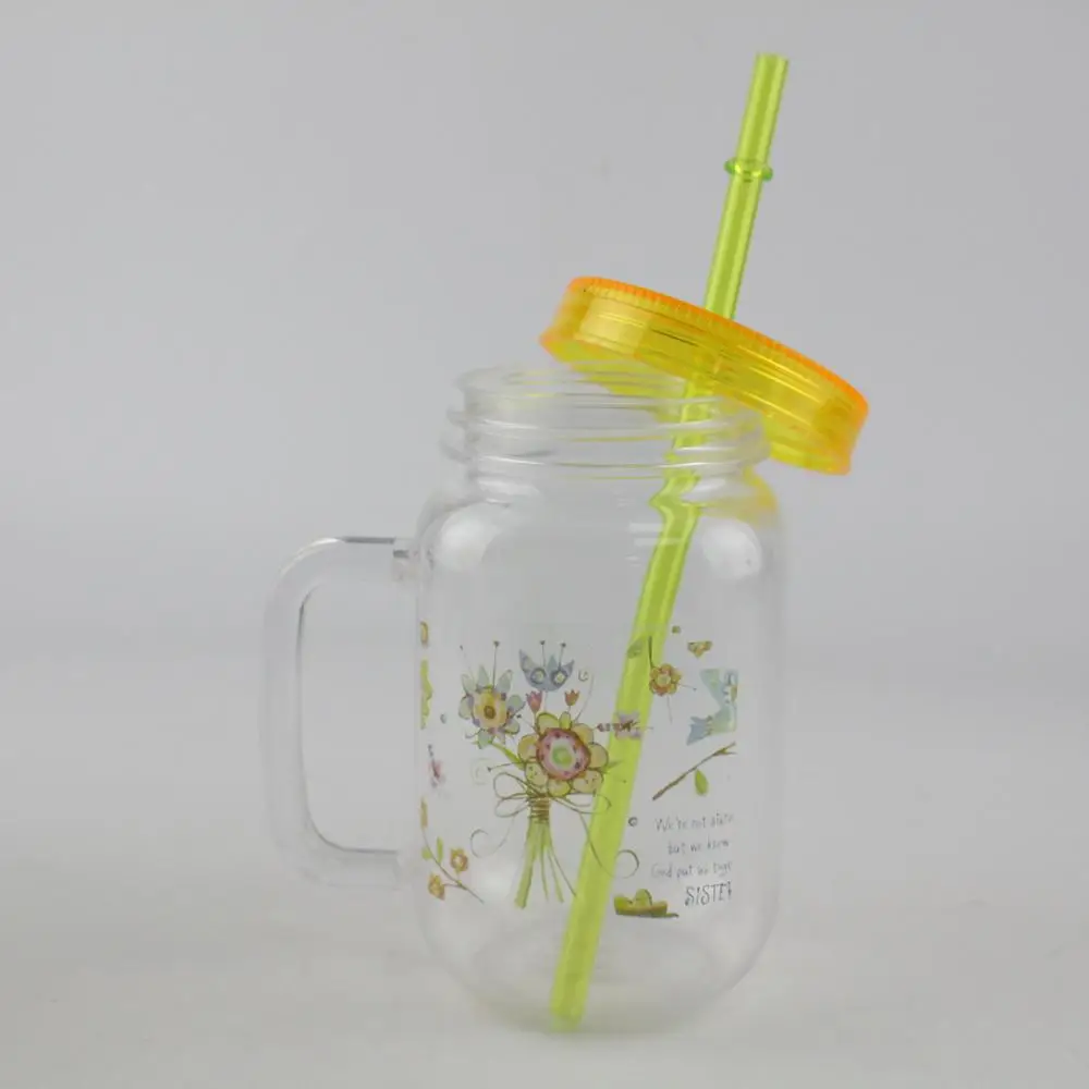 Round Shape Mason Jar with Plastic Straws. 18 Oz. Each. Old Fashion Drinking Glasses - Pack of 4.