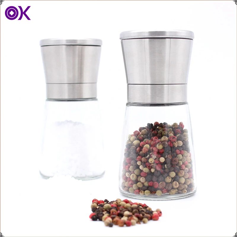 glass bottle salt and pepper mill grinder set with stainless steel cover and metal stand