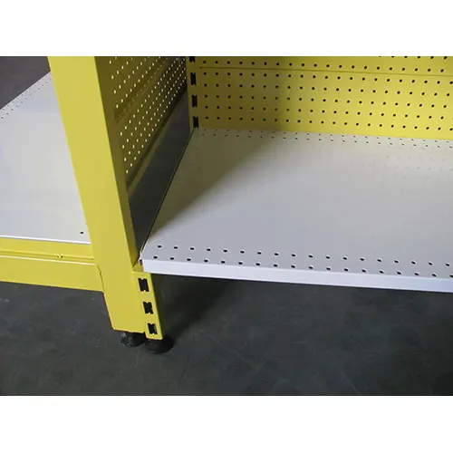 AU50 gondola shelving with wire basket shelves in Australian market with bright yellow powder coating surface