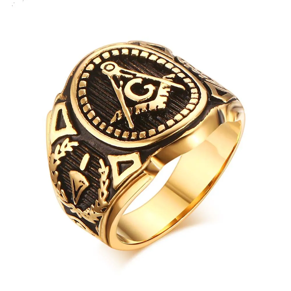 
2017 Hot Vintage 316L Stainless Steel Men Ring Gold Free Mason Freemasonry Masonic Male Retro Punk Black Ring Jewelry 
