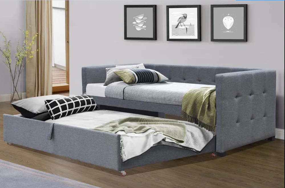 Single size Grey Charcoal Fabric Upholstered Day Bed with Pull Out Guest Trundle Bed