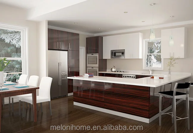 customizable U shape Island Cabinet modular Chinese kitchen furniture set rosewood color high gloss wood veneer kitchen cabinets