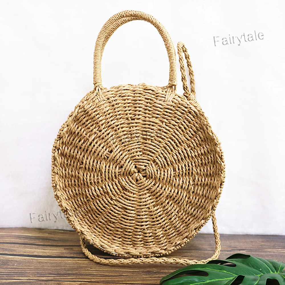 
Vintage Hand Woven Round Beach Bag Handles Sea Bali Straw Bag 
