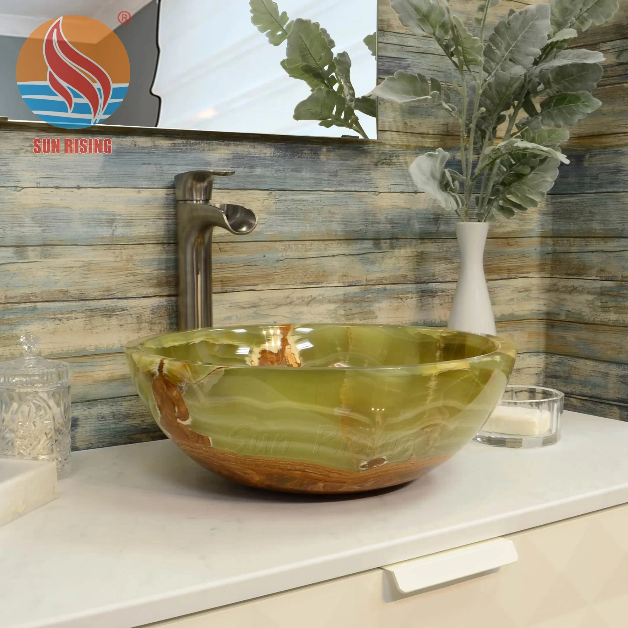Highly Polished Natural Stone Marble Green Onyx Bathroom Vessel Sinks Round Stone Basin