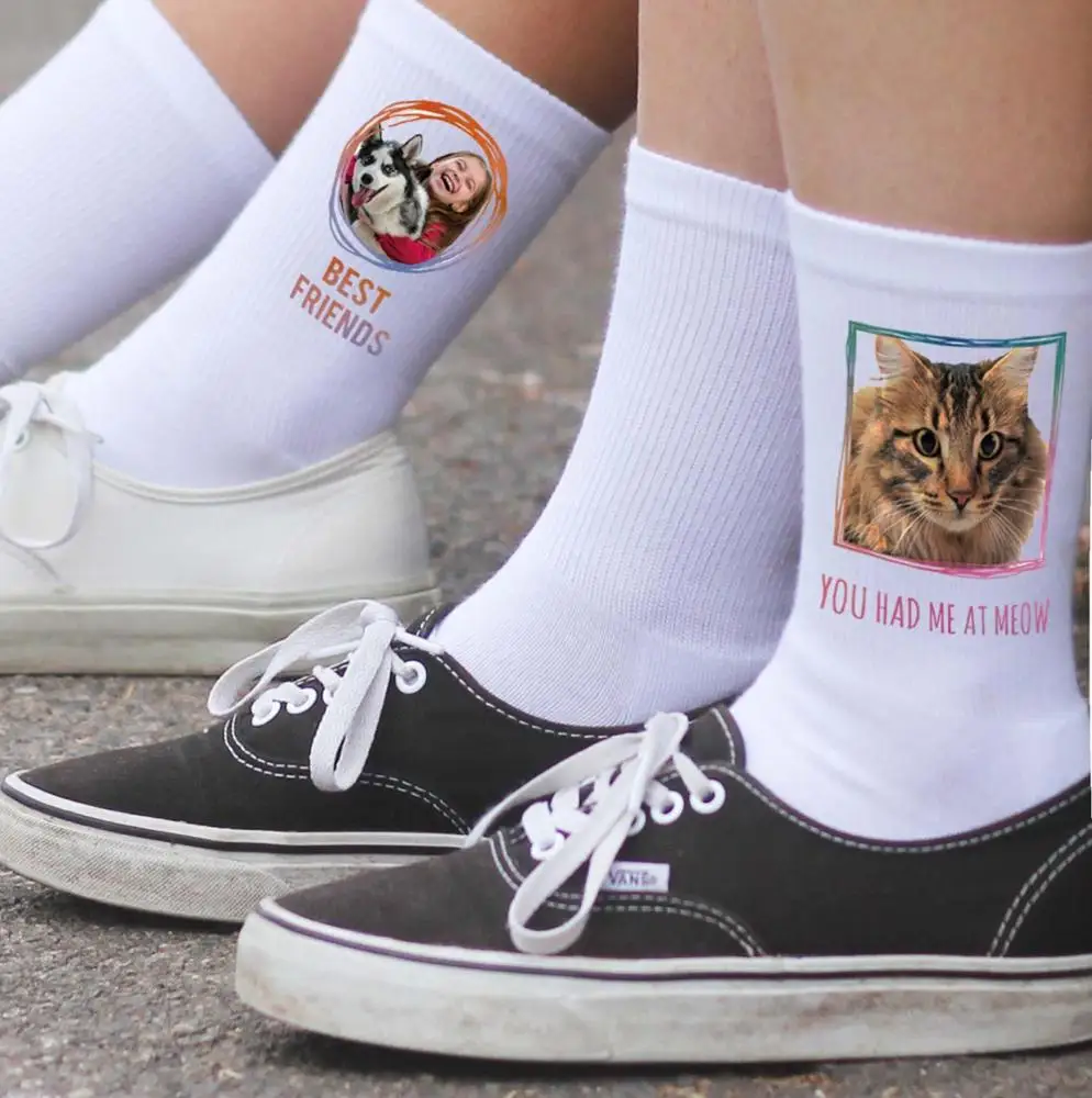 AJ 19120 Polyester Fashion Custom Animal Faces Photo Sublimation Printed White Tube Socks
