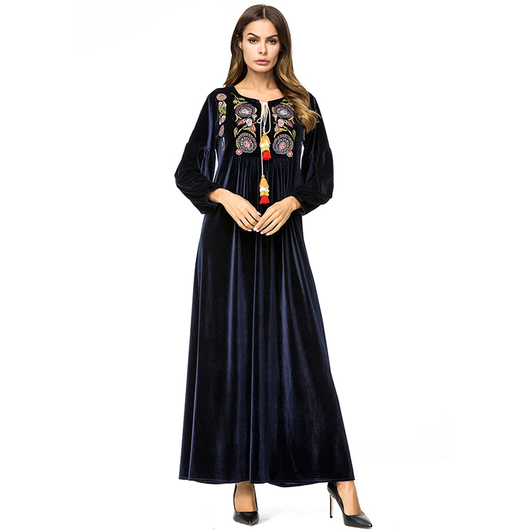 Hot sale dark blue long sleeve islamic velvet maxi dress winter clothes for muslim women abaya