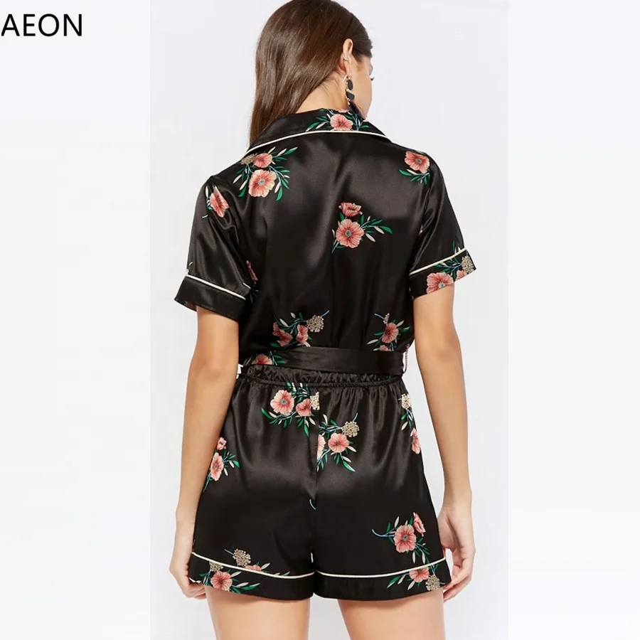 Women Digital Print Short Pyjamas Custom Silk Satin Pajamas Set