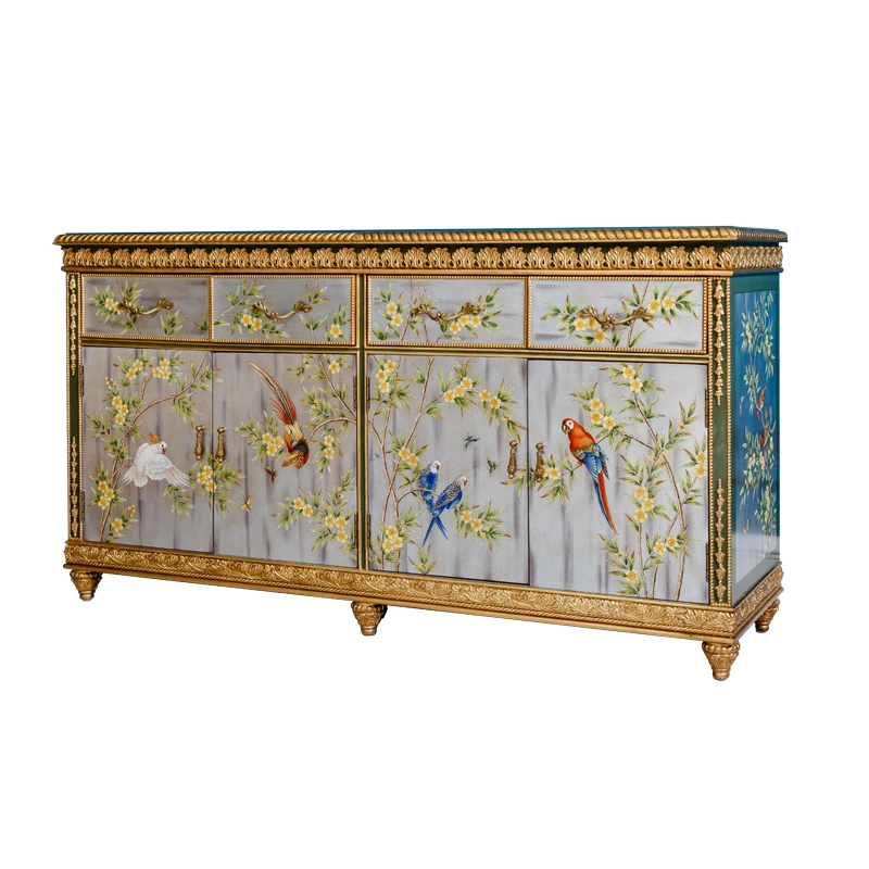 Antique hand painted vintage rustic china country classic furniture solid wood living room cabinet