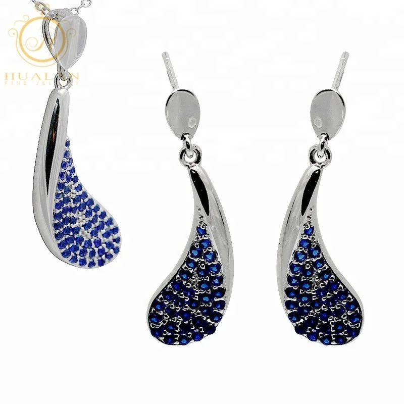 
China Alibaba Supplier Wholesale 925 Sterling Silver Ladies Fine Jewellery Blue Spinel Earrings Necklace Jewelry Set 