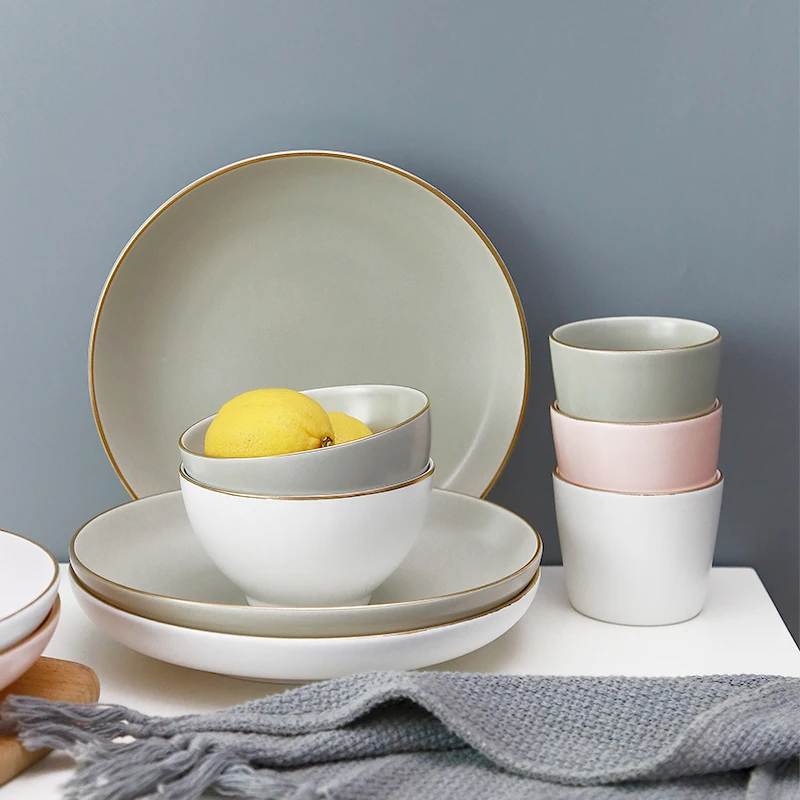 European style pink grey glazed porcelain charger plates with gold rim