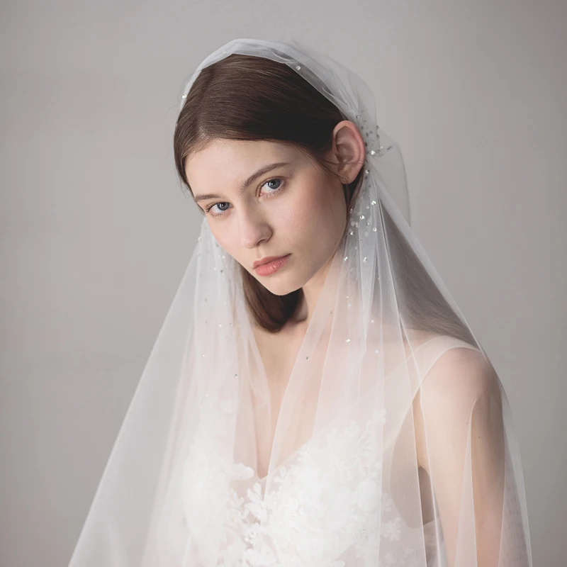 V619 Bead White Thicken Soft Tulle Cathedral Lace Veil Spanish Lace Veil Mantilla Bridal Veils With Comb