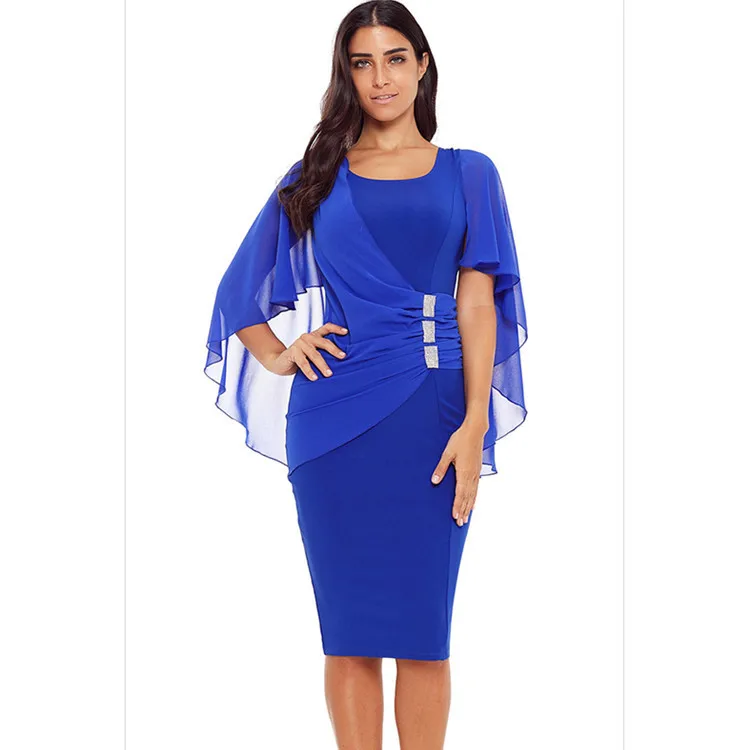 2023 U Neck Women Knee Length Dresses Gauze Mesh Elegant Cape Evening Dress