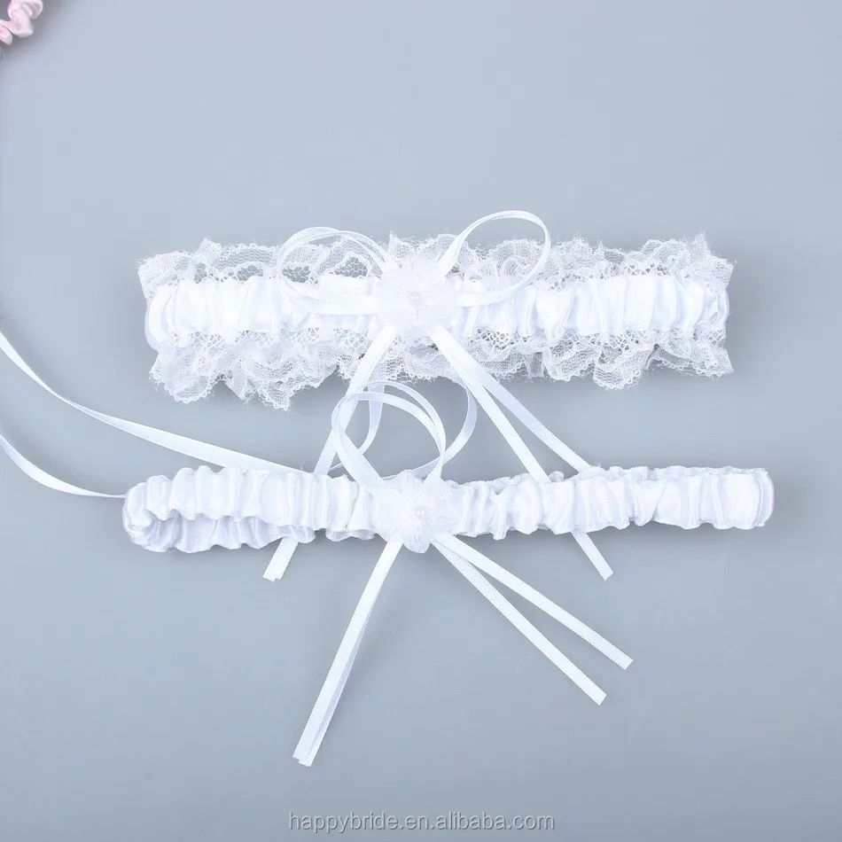 Vintage Ivory Ribbon and Lace Elastic Bridal Garter Set for Wedding Handmade with Organza Flower HT00033
