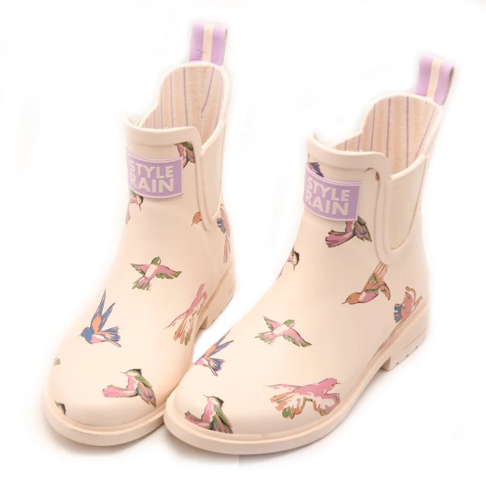 beige cream color bird printed girls soft comfortable warm winter waterproof shoes garden use antislip outsole rain boot wellies