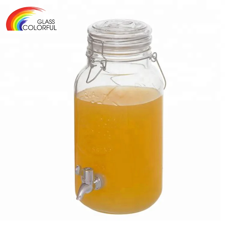 Glass beverage container juice dispenser glass jar beverage jar with clip lid and tap