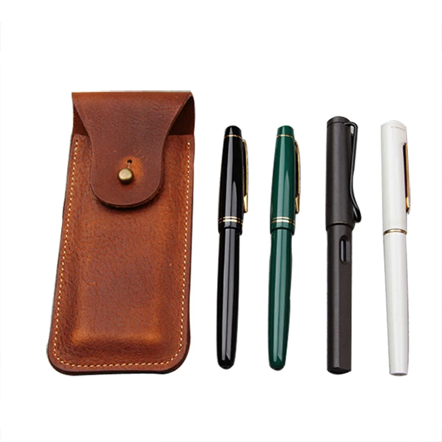 fit 4 pens leather pen pouch with bronze alloy snap