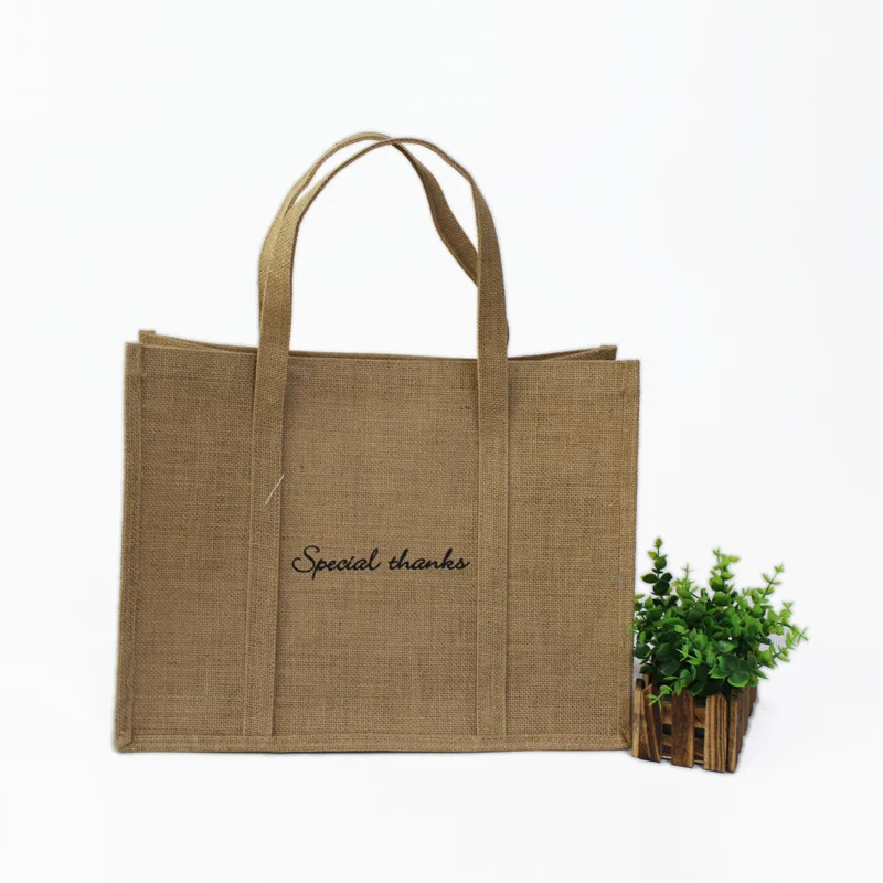 Large Advertising Hessian Jute  Custom Hemp Gunny Linen Shopping Tote Bag with Printed Logo