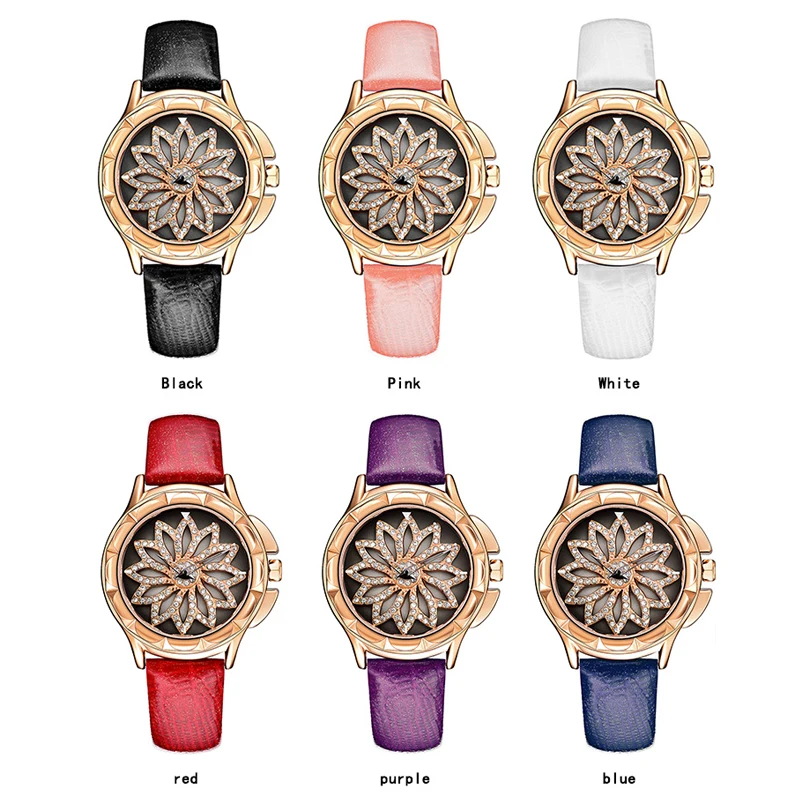 Jewelry Inlay Flower Quartz Girls Women Leather Band Watch Lady Dress Wristwatch