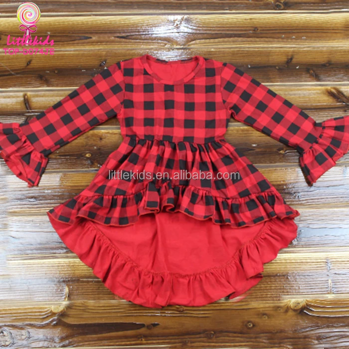 Fall Long Sleeves Kids Christmas Girls Dresses Buffalo Plaid Hi-Low Ruffled Dress