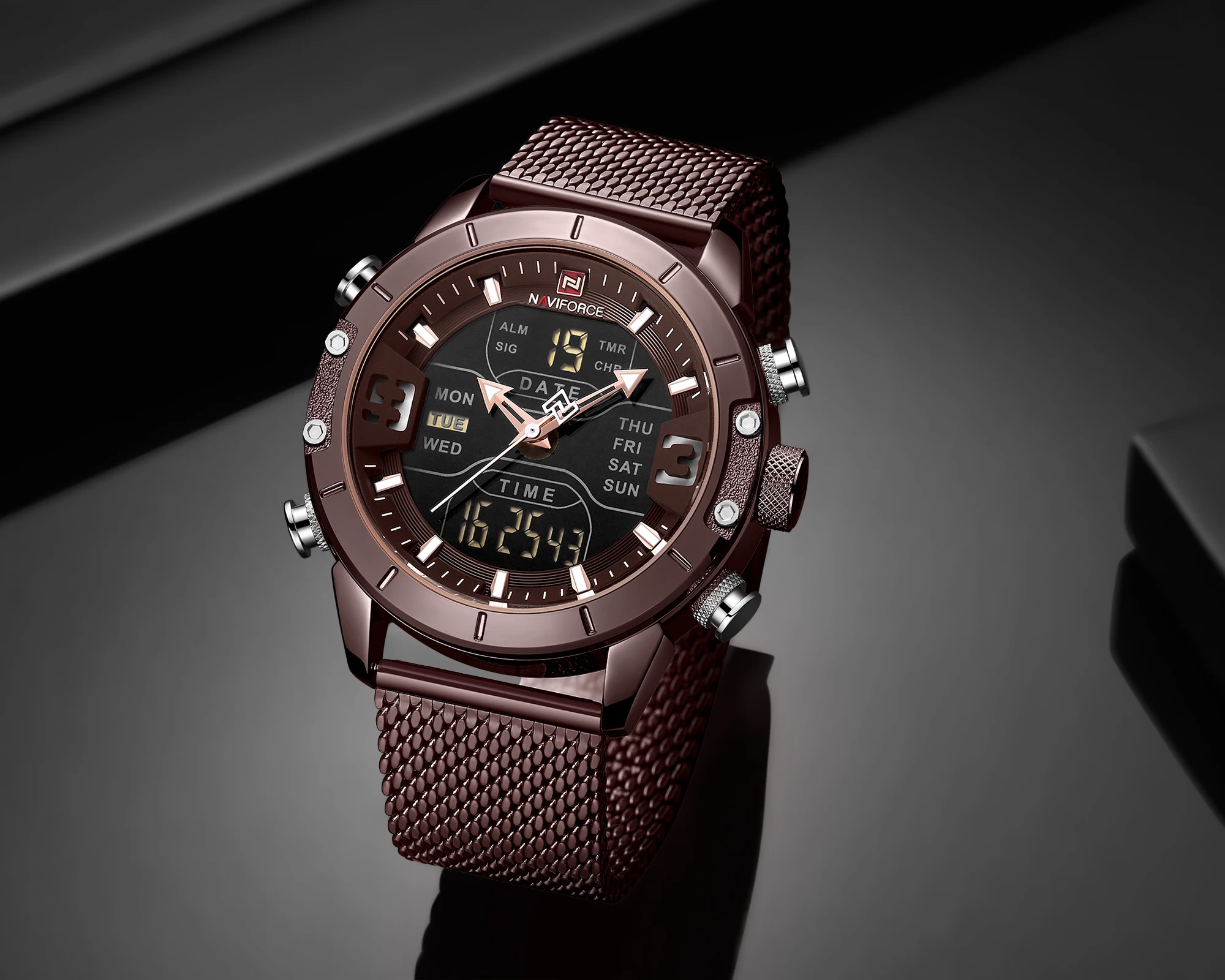 Naviforce 9153 Watch Men Luxury Big Dial Stainless Steel Mesh Mens Wristwatch Waterproof Digital Quartz Other Watches