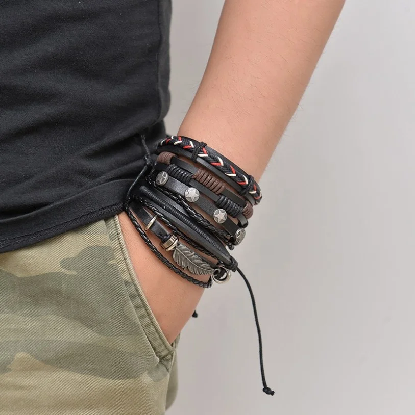Vintage Metal Feather Star Charm Custom Braided Unisex Leather Bracelets
