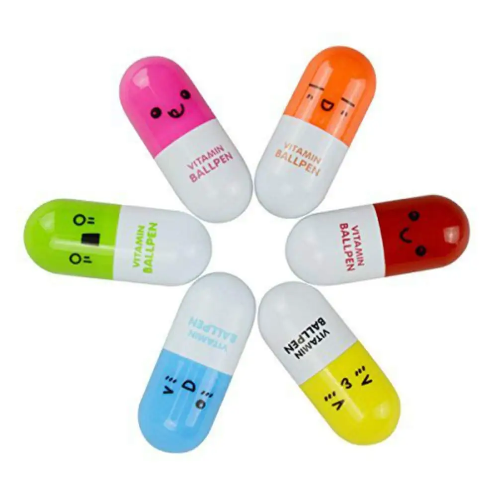 Novelty Gift Cute Cartoon Emotion Capsule Ballpoint pen with Smiling Face Mini Retractable Vitamin Pill Ball Pen for Kids