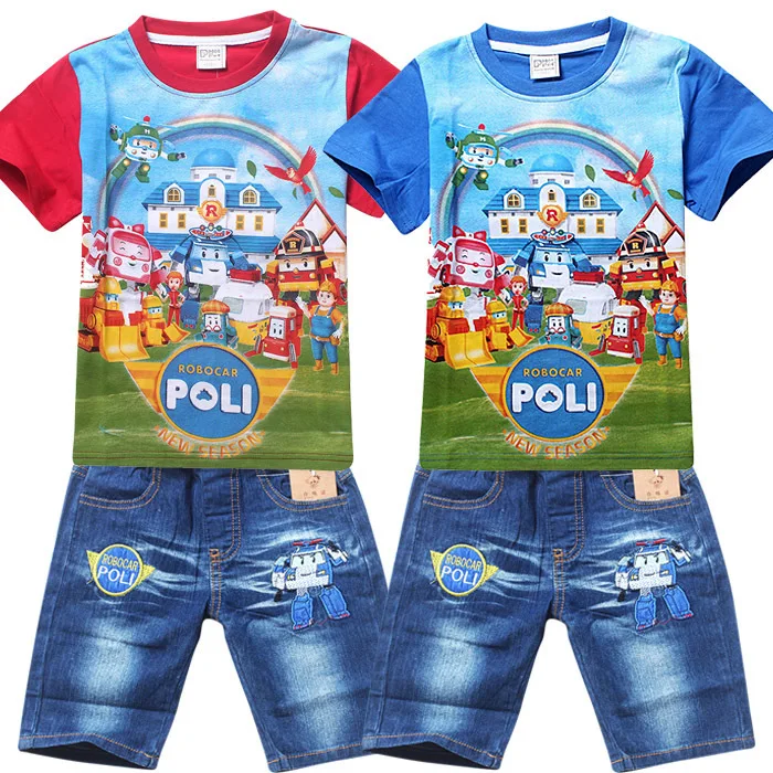 New 2015 Summer POLI ROBOCAR Children Boys Clothing Sets Baby Kids Suits Shirt Jeans Shorts Pants