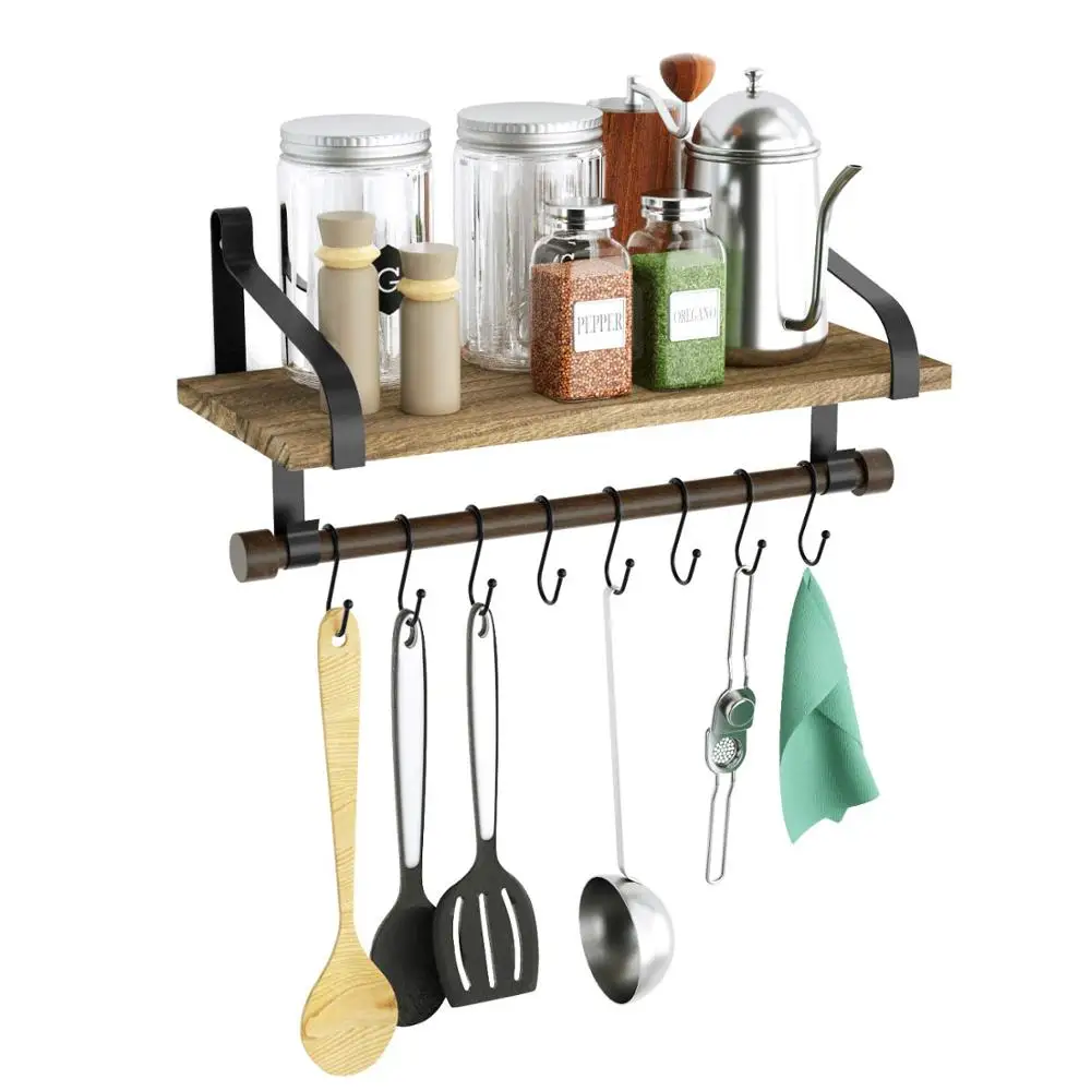 Floating Shelf Wall Shelf for Storage - Rustic Wood Kitchen Spice Rack with Towel Bar and 8 Removable Hooks for Organize Cooking