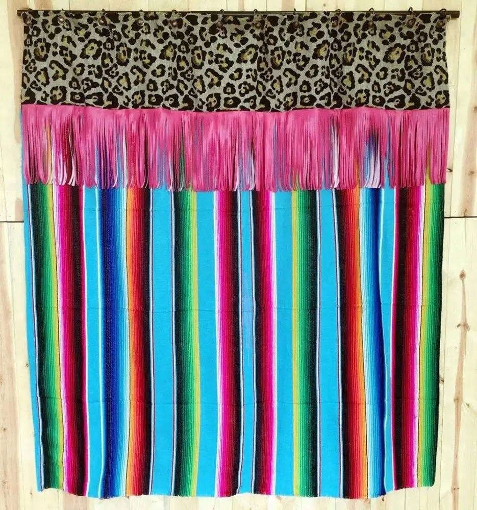 JUNSHI Personalized Serape Leopard Tassel Shower Curtains Rainbow Fringe Shower Curtains