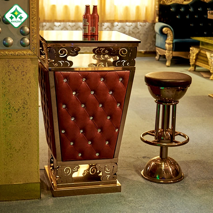 
French Style Baroque Home Bar Furniture Top Quality Portable High Top Party Square Top Leather Decorative Bar Table 