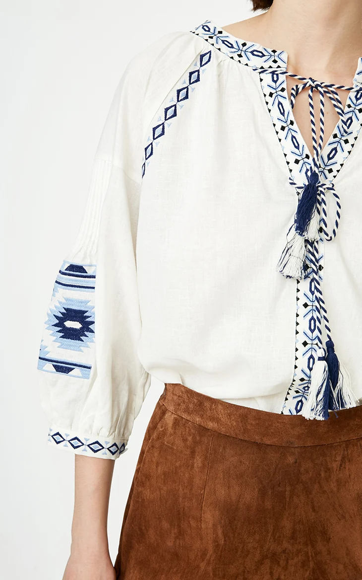 Women V-neck 3/4 Lantern Sleeves High Quality Linen Cotton Blouse For Summer