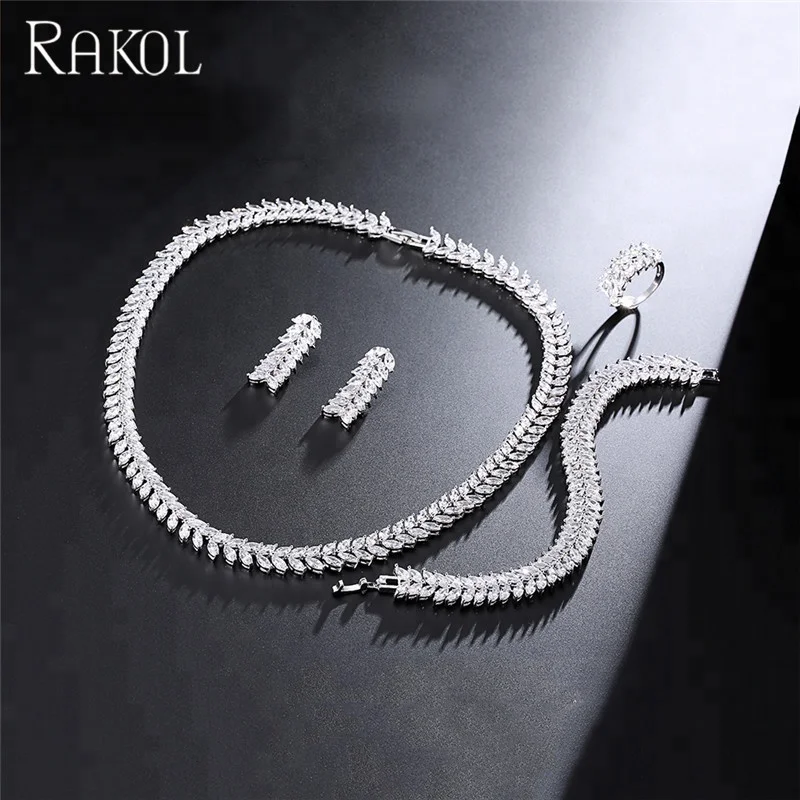 RAKOL SP289 Charm American Silver/Gold/Rose Gold Wheat Leaf CZ Zircon Necklace Four Piece Jewelry Set
