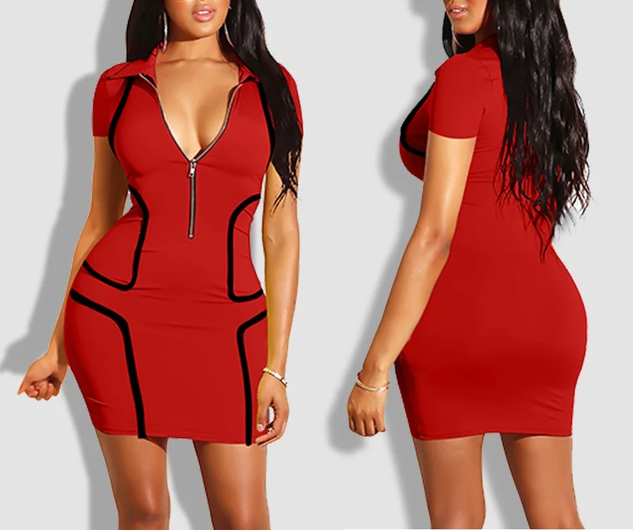 Sexy v-neck zipper short sleeve stripe splicing bodycon dress women one piece mini dress