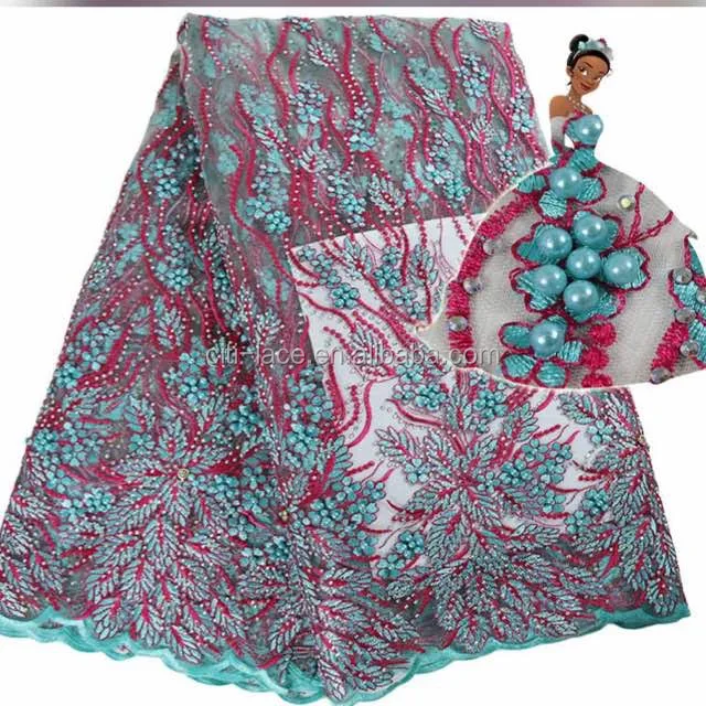2017 top end french lace tulle beaded lace fabric wholesale French net fabric TS38-1