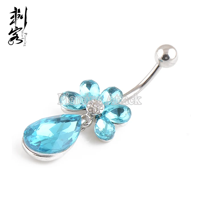 Stainless Steel Aqua Crystal Teardrop Navel Belly Ring Fake Navel Piercing