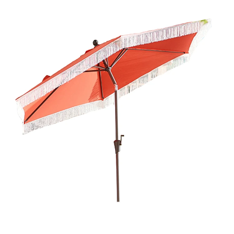 Courtyard Garden Table Black And White Striped Wood Patio Umbrella WIth Tassel