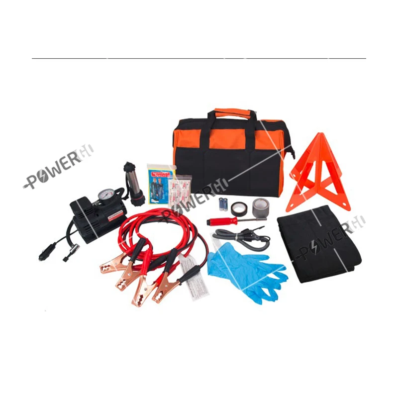 Roadside Assistance Car Emergency Kit + First Aid Kit Rugged Tool Bag Contains Jumper Cables, tools, Reflective Safety Triangle