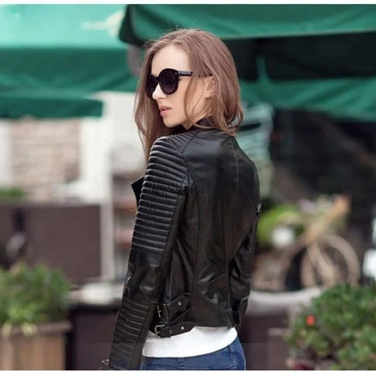 Wholesale Fashion Short Slim Fit Shop Black Synthetic Leather Jacket Women