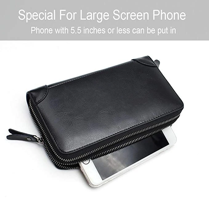 Mens Clutch Bag Handbag Leather Zipper Long Wallet Business Hand Clutch Phone Holder