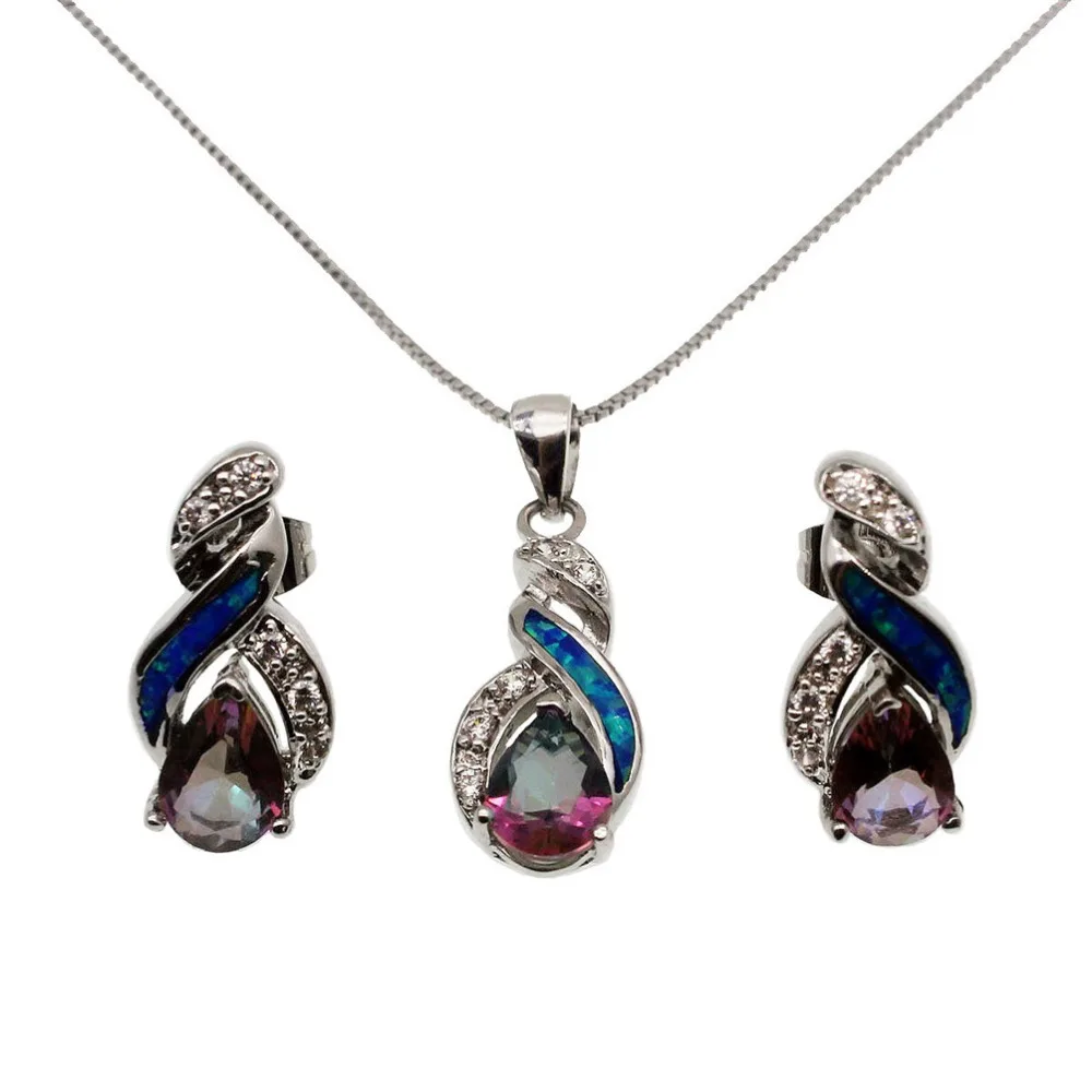 
Hermosa Wholesale Jewelry Sets Australian Ocean Blue White Opal Sapphire Mystic Topaz Pendant Necklace Earrings 