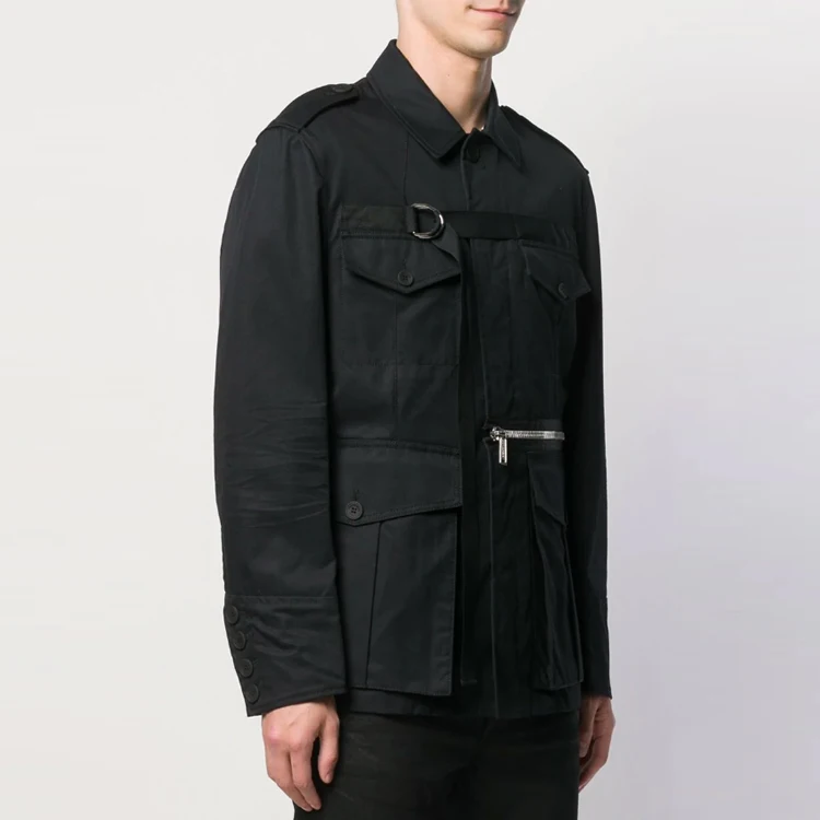 Black D - Shaped Military Style Jacket Concealed Front Opening and Closing for Men