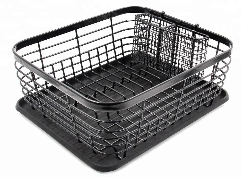Kitchen Dish Drainer Drying Rack with Drip Tray and Full Mesh Silverware Storage Basket Black