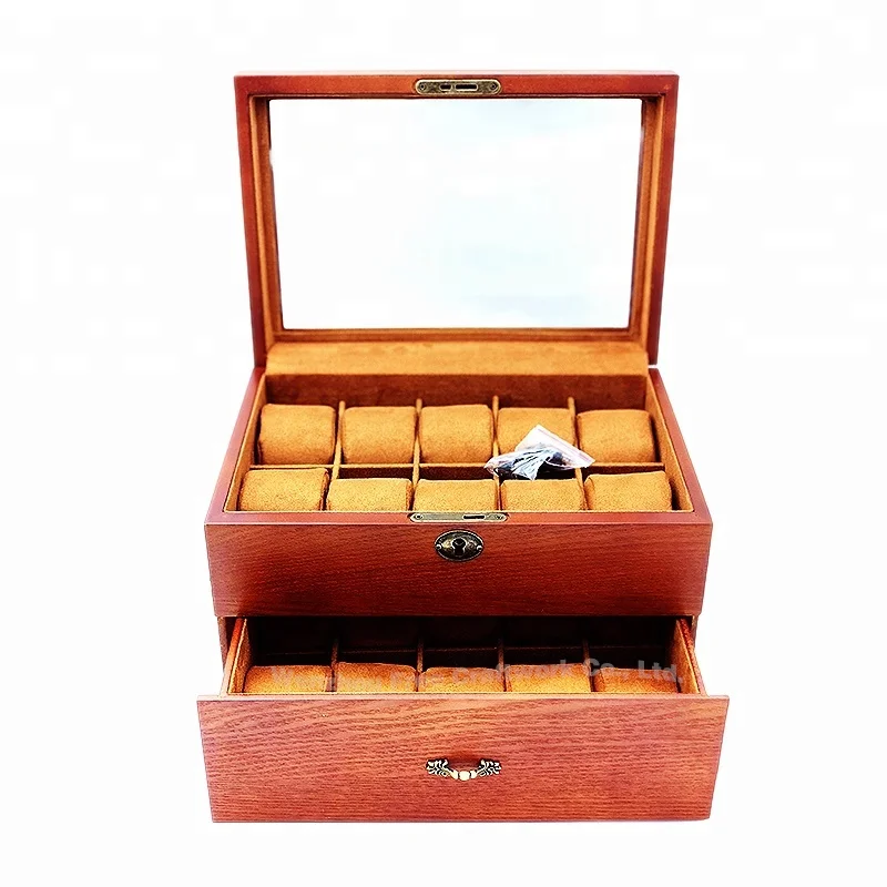 Factory Custom Luxury Solid Wood Watch Gift Box With Drawer Wooden Display Watch Storage Key Lock Box